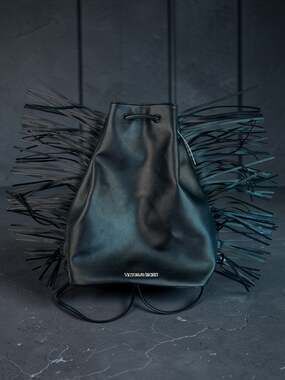 Victoria's Secret Fashion Show Black Fringe Vegan Leather Drawstring Backpack
